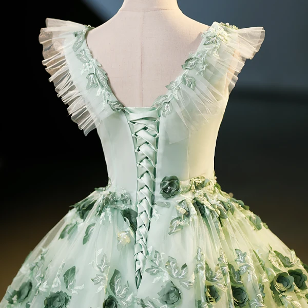 Fashion Sage Green Lace Flower Appliques Prom Dresses 2023 Ball Gown V-Neck Sleeveless Backless Floor-Length / Long Prom Formal Dresses