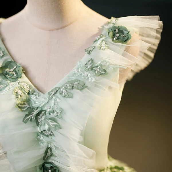 Fashion Sage Green Lace Flower Appliques Prom Dresses 2023 Ball Gown V-Neck Sleeveless Backless Floor-Length / Long Prom Formal Dresses