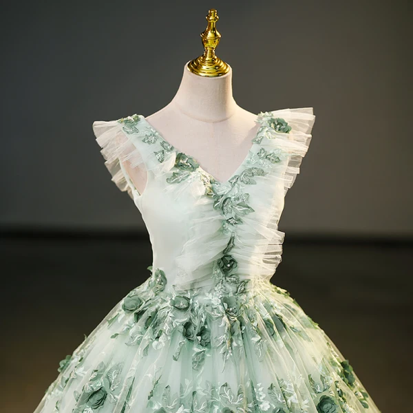Fashion Sage Green Lace Flower Appliques Prom Dresses 2023 Ball Gown V-Neck Sleeveless Backless Floor-Length / Long Prom Formal Dresses