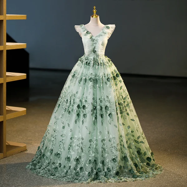 Fashion Sage Green Lace Flower Appliques Prom Dresses 2023 Ball Gown V-Neck Sleeveless Backless Floor-Length / Long Prom Formal Dresses