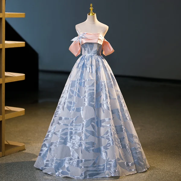 Fashion Sky Blue Appliques Prom Dresses 2023 Ball Gown Off-The-Shoulder Short Sleeve Backless Floor-Length / Long Prom Formal Dresses