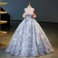 Fashion Sky Blue Appliques Prom Dresses 2023 Ball Gown Off-The-Shoulder Short Sleeve Backless Floor-Length / Long Prom Formal Dresses