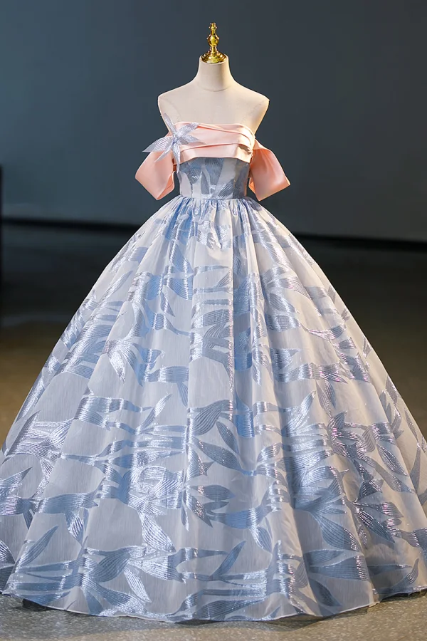 Fashion Sky Blue Appliques Prom Dresses 2023 Ball Gown Off-The-Shoulder Short Sleeve Backless Floor-Length / Long Prom Formal Dresses