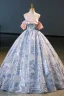 Fashion Sky Blue Appliques Prom Dresses 2023 Ball Gown Off-The-Shoulder Short Sleeve Backless Floor-Length / Long Prom Formal Dresses