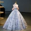Fashion Sky Blue Appliques Prom Dresses 2023 Ball Gown Off-The-Shoulder Short Sleeve Backless Floor-Length / Long Prom Formal Dresses