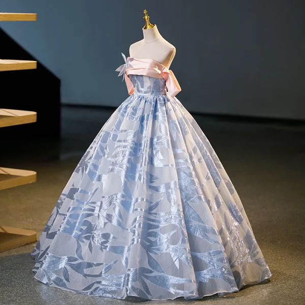 Fashion Sky Blue Appliques Prom Dresses 2023 Ball Gown Off-The-Shoulder Short Sleeve Backless Floor-Length / Long Prom Formal Dresses
