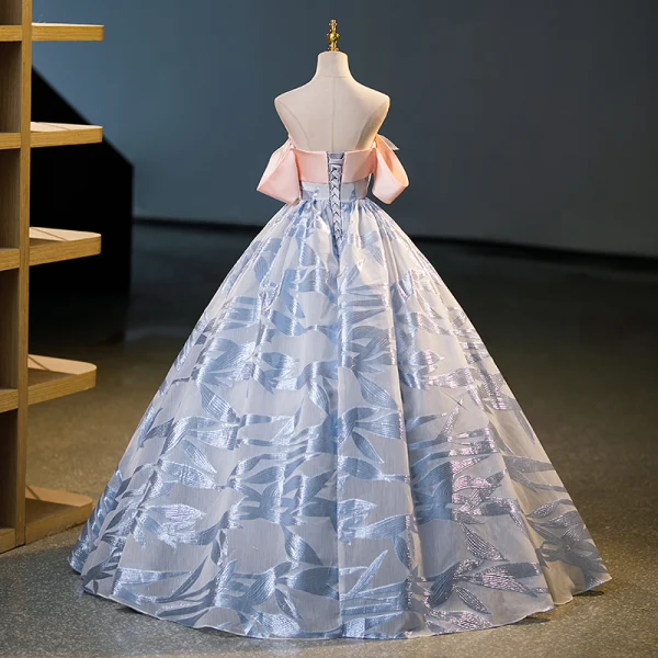 Fashion Sky Blue Appliques Prom Dresses 2023 Ball Gown Off-The-Shoulder Short Sleeve Backless Floor-Length / Long Prom Formal Dresses