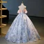 Fashion Sky Blue Appliques Prom Dresses 2023 Ball Gown Off-The-Shoulder Short Sleeve Backless Floor-Length / Long Prom Formal Dresses