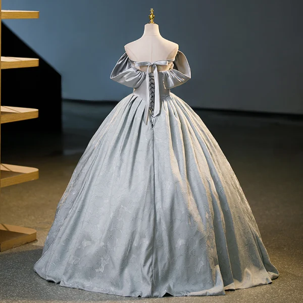 Elegant Grey Prom Dresses 2023 Ball Gown Off-The-Shoulder Puffy Short Sleeve Backless Bow Floor-Length / Long Prom Formal Dresses