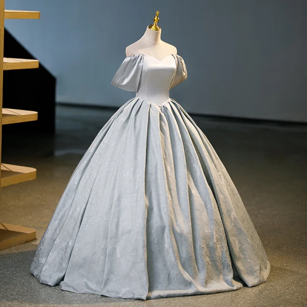 Elegant Grey Prom Dresses 2023 Ball Gown Off-The-Shoulder Puffy Short Sleeve Backless Bow Floor-Length / Long Prom Formal Dresses