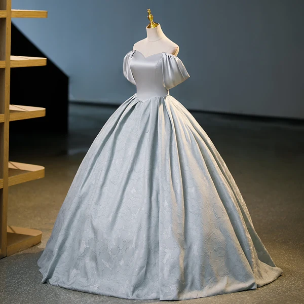 Elegant Grey Prom Dresses 2023 Ball Gown Off-The-Shoulder Puffy Short Sleeve Backless Bow Floor-Length / Long Prom Formal Dresses