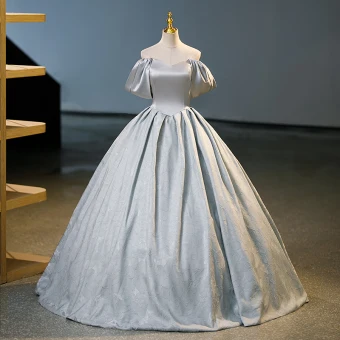 Elegant Grey Prom Dresses 2023 Ball Gown Off The Shoulder Puffy Short Sleeve Backless Bow Floor Length Long Prom Formal Dresses