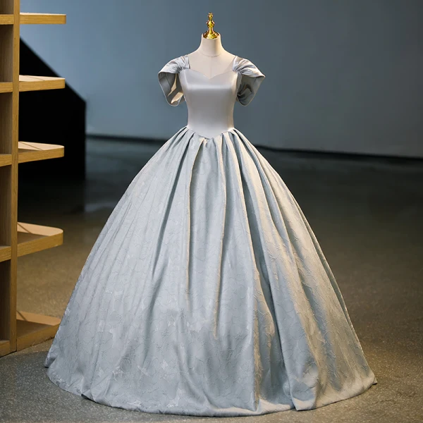 Elegant Grey Prom Dresses 2023 Ball Gown Off-The-Shoulder Puffy Short Sleeve Backless Bow Floor-Length / Long Prom Formal Dresses