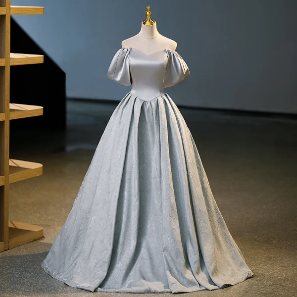 Elegant Grey Prom Dresses 2023 Ball Gown Off-The-Shoulder Puffy Short Sleeve Backless Bow Floor-Length / Long Prom Formal Dresses