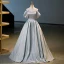Elegant Grey Prom Dresses 2023 Ball Gown Off-The-Shoulder Puffy Short Sleeve Backless Bow Floor-Length / Long Prom Formal Dresses