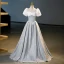 Elegant Sky Blue Prom Dresses 2023 Ball Gown Square Neckline Puffy Short Sleeve Backless Bow Floor-Length / Long Prom Formal Dresses