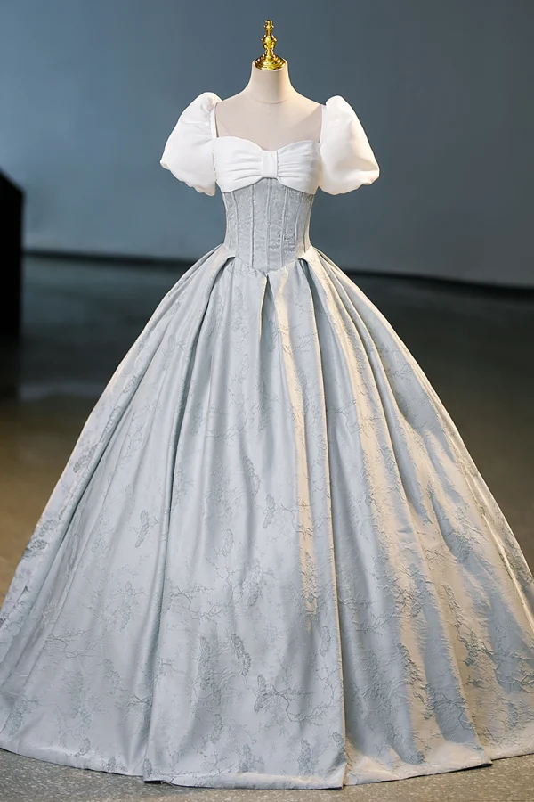 Elegant Sky Blue Prom Dresses 2023 Ball Gown Square Neckline Puffy Short Sleeve Backless Bow Floor-Length / Long Prom Formal Dresses