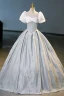 Elegant Sky Blue Prom Dresses 2023 Ball Gown Square Neckline Puffy Short Sleeve Backless Bow Floor-Length / Long Prom Formal Dresses
