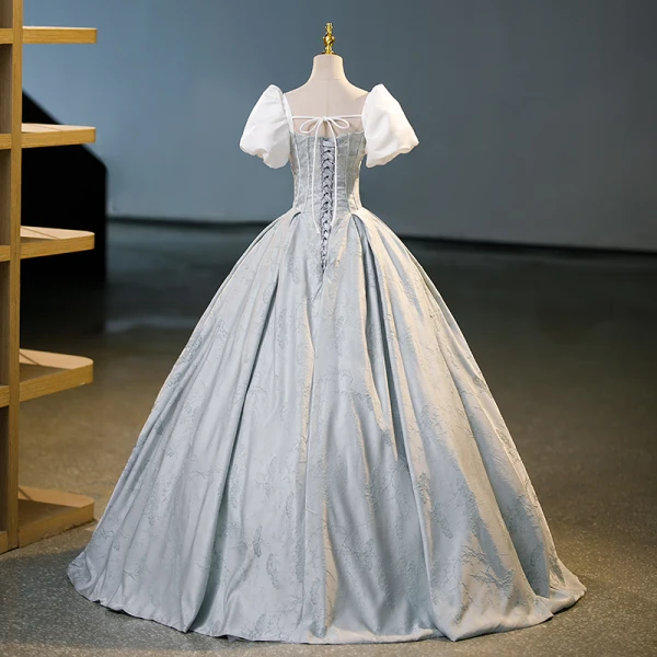 Elegant Sky Blue Prom Dresses 2023 Ball Gown Square Neckline Puffy Short Sleeve Backless Bow Floor-Length / Long Prom Formal Dresses