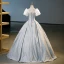 Elegant Sky Blue Prom Dresses 2023 Ball Gown Square Neckline Puffy Short Sleeve Backless Bow Floor-Length / Long Prom Formal Dresses