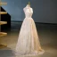 Chic / Beautiful Champagne Sequins Prom Dresses 2023 A-Line / Princess Halter Sleeveless Backless Floor-Length / Long Prom Prom Dresses
