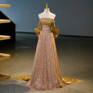 Sparkly Sexy Gull Paljetter Ballkjoler Prinsesse 2023 Uten Ermer Strapless Ryggløse Sløyfe Feie Tog Ball Formelle Kjoler
