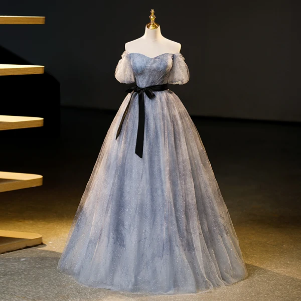 Elegant Grey Ink Painting Glitter Prom Dresses 2023 Ball Gown Off-The-Shoulder Short Sleeve Backless Bow Sash Floor-Length / Long Formal Dresses