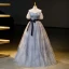 Elegant Grey Ink Painting Glitter Prom Dresses 2023 Ball Gown Off-The-Shoulder Short Sleeve Backless Bow Sash Floor-Length / Long Formal Dresses