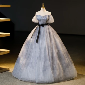 Elegant Grey Ink Painting Glitter Prom Dresses 2023 Ball Gown Off The Shoulder Short Sleeve Backless Bow Sash Floor Length Long Formal Dresses