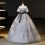 Elegant Grey Ink Painting Glitter Prom Dresses 2023 Ball Gown Off-The-Shoulder Short Sleeve Backless Bow Sash Floor-Length / Long Formal Dresses