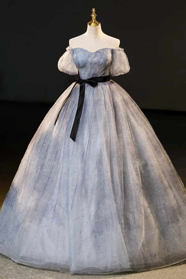 Elegant Grey Ink Painting Glitter Prom Dresses 2023 Ball Gown Off-The-Shoulder Short Sleeve Backless Bow Sash Floor-Length / Long Formal Dresses