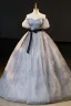 Elegant Grey Ink Painting Glitter Prom Dresses 2023 Ball Gown Off-The-Shoulder Short Sleeve Backless Bow Sash Floor-Length / Long Formal Dresses