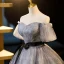 Elegant Grey Ink Painting Glitter Prom Dresses 2023 Ball Gown Off-The-Shoulder Short Sleeve Backless Bow Sash Floor-Length / Long Formal Dresses