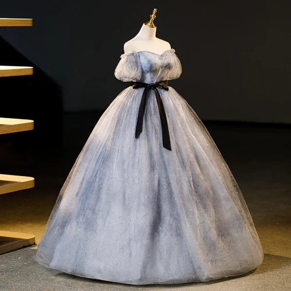 Elegant Grey Ink Painting Glitter Prom Dresses 2023 Ball Gown Off-The-Shoulder Short Sleeve Backless Bow Sash Floor-Length / Long Formal Dresses