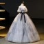 Elegant Grey Ink Painting Glitter Prom Dresses 2023 Ball Gown Off-The-Shoulder Short Sleeve Backless Bow Sash Floor-Length / Long Formal Dresses