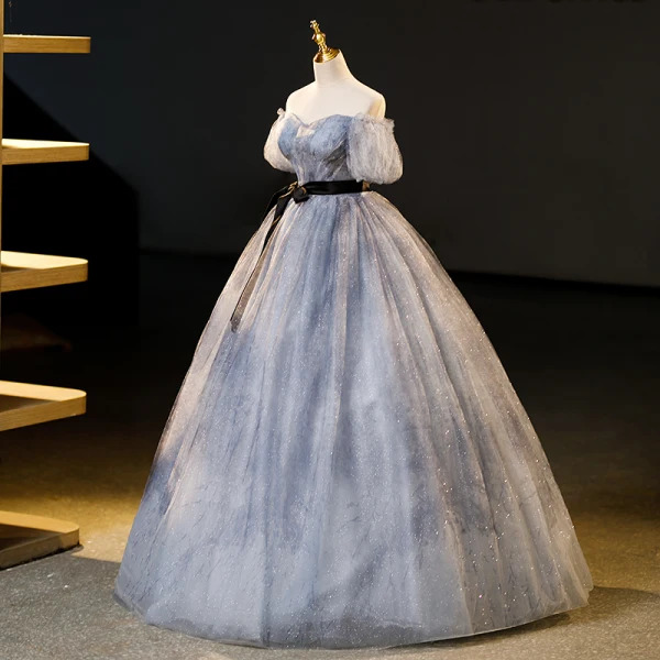 Elegant Grey Ink Painting Glitter Prom Dresses 2023 Ball Gown Off-The-Shoulder Short Sleeve Backless Bow Sash Floor-Length / Long Formal Dresses