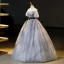 Elegant Grey Ink Painting Glitter Prom Dresses 2023 Ball Gown Off-The-Shoulder Short Sleeve Backless Bow Sash Floor-Length / Long Formal Dresses