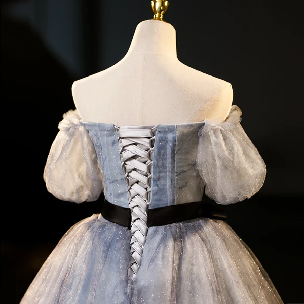 Elegant Grey Ink Painting Glitter Prom Dresses 2023 Ball Gown Off-The-Shoulder Short Sleeve Backless Bow Sash Floor-Length / Long Formal Dresses