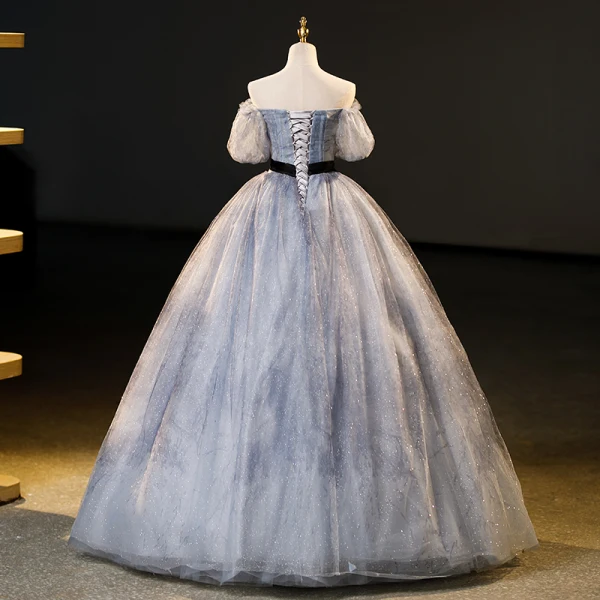 Elegant Grey Ink Painting Glitter Prom Dresses 2023 Ball Gown Off-The-Shoulder Short Sleeve Backless Bow Sash Floor-Length / Long Formal Dresses