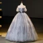 Elegant Grey Ink Painting Glitter Prom Dresses 2023 Ball Gown Off-The-Shoulder Short Sleeve Backless Bow Sash Floor-Length / Long Formal Dresses