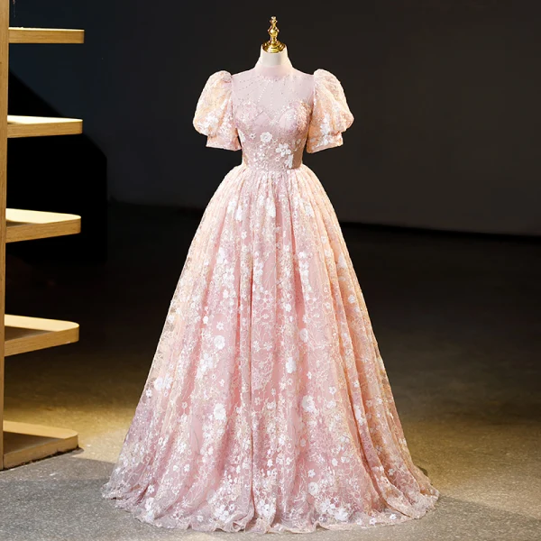 Flower Fairy Charming Blushing Pink Beading Sequins Flower Prom Dresses 2023 Ball Gown High Neck Short Sleeve Backless Floor-Length / Long Formal Dresses