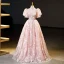 Flower Fairy Charming Blushing Pink Beading Sequins Flower Prom Dresses 2023 Ball Gown High Neck Short Sleeve Backless Floor-Length / Long Formal Dresses
