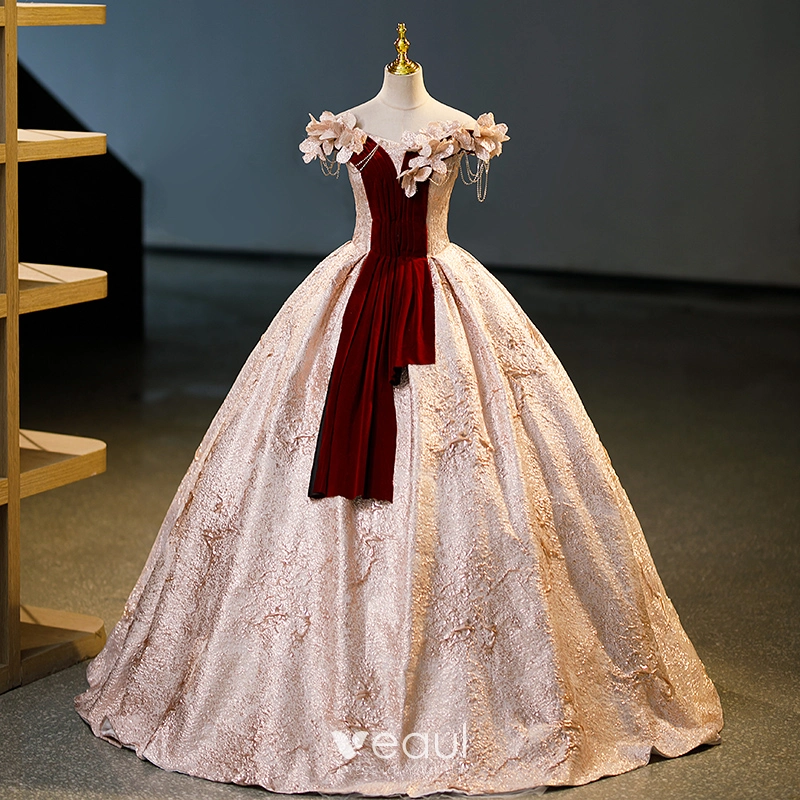 Charming Gold Glitter Appliques Rhinestone Prom Dresses 2023 Ball Gown  Off-The-Shoulder Sleeveless Backless Floor-Length / Long Prom Formal Dresses