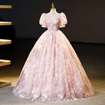 Flower Fairy Charming Blushing Pink Beading Sequins Flower Prom Dresses 2023 Ball Gown High Neck Short Sleeve Backless Floor Length Long Formal Dresses