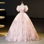 Flower Fairy Charming Blushing Pink Beading Sequins Flower Prom Dresses 2023 Ball Gown High Neck Short Sleeve Backless Floor-Length / Long Formal Dresses