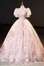 Flower Fairy Charming Blushing Pink Beading Sequins Flower Prom Dresses 2023 Ball Gown High Neck Short Sleeve Backless Floor-Length / Long Formal Dresses
