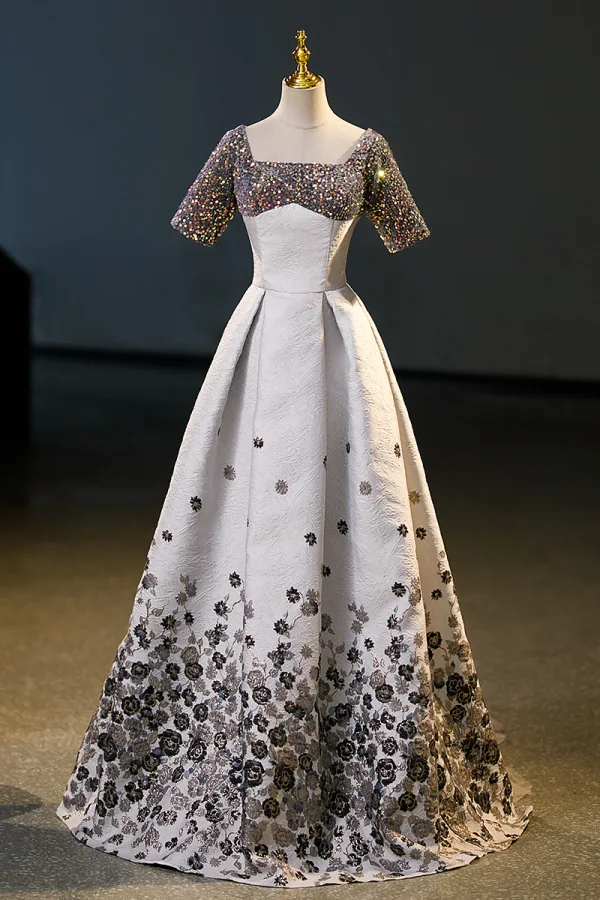 Chic / Beautiful Multi-Colors Sequins Printing Prom Dresses 2023 A-Line / Princess Square Neckline Short Sleeve Backless Floor-Length / Long Prom Formal Dresses