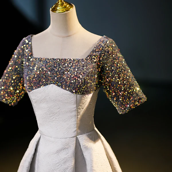 Chic / Beautiful Multi-Colors Sequins Printing Prom Dresses 2023 A-Line / Princess Square Neckline Short Sleeve Backless Floor-Length / Long Prom Formal Dresses