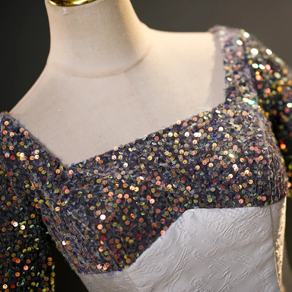 Chic / Beautiful Multi-Colors Sequins Printing Prom Dresses 2023 A-Line / Princess Square Neckline Short Sleeve Backless Floor-Length / Long Prom Formal Dresses