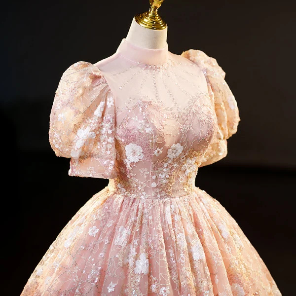 Flower Fairy Charming Blushing Pink Beading Sequins Flower Prom Dresses 2023 Ball Gown High Neck Short Sleeve Backless Floor-Length / Long Formal Dresses